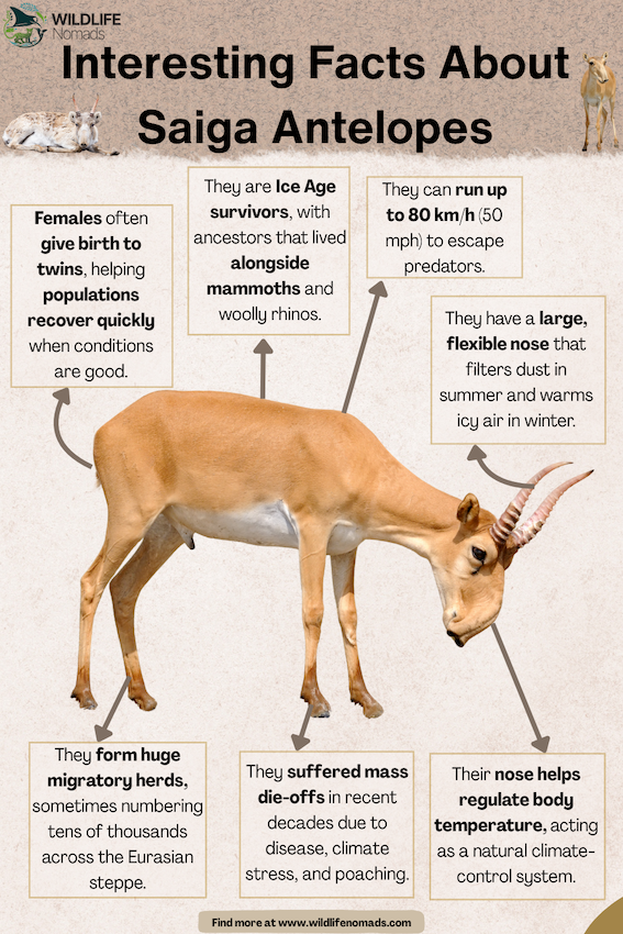 Interesting-Facts-About-Saiga-Antelopes.webp infographic with a saiga antelope photo and 8 facts written about them