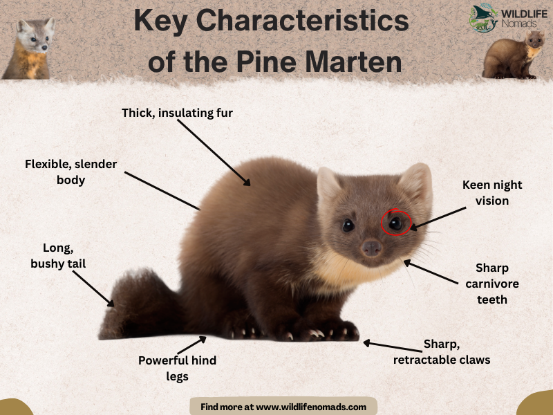 Pine Marten characteristics infogarphic with arrow pointing