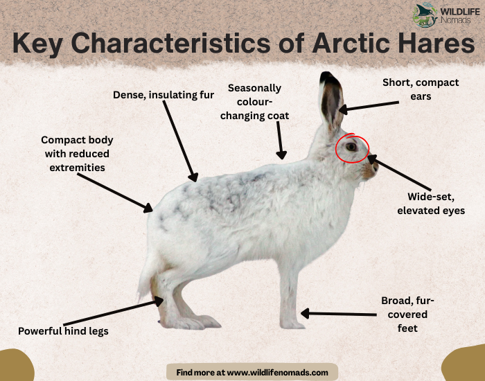 Anatomy-arctic-hare-polar-rabbit.webp Key Characteristics of Arctic Hares infographic showing a hare in the centre and arrows pointing at characteristics