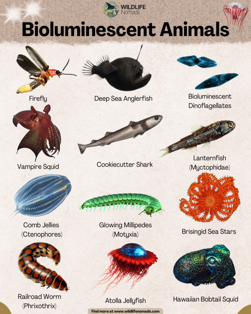 Bioluminescent-Animals-infographic-by-cesar-medina-wildlife-nomads.webp infographic showing 12 Bioluminescent Animals