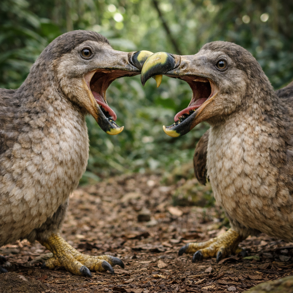 Dodo birds fight with beak.webp clos eup of 2 ai generated dodo birds using their beaks as weapons to fight