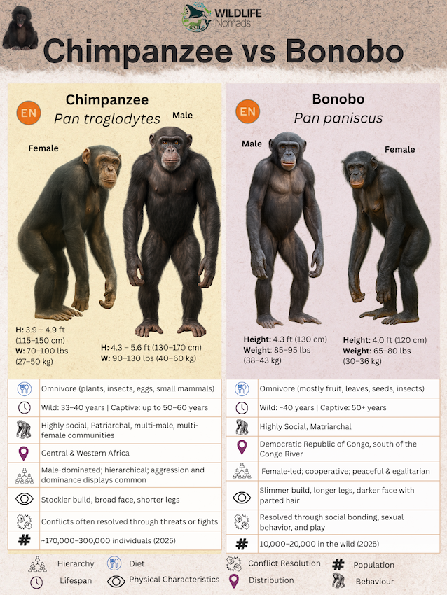 Chimpanzee vs Bonobo infographic comparing key differences