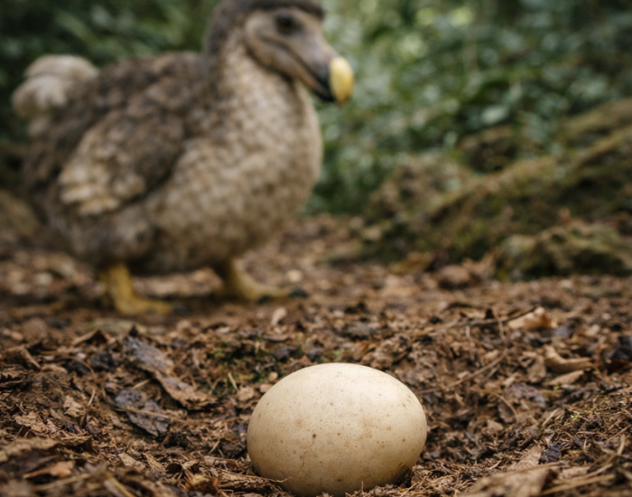 Dodo-nest-egg.webp a dodo on the background guarding her egg in the wild in a forest