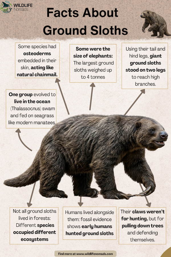 An educational infographic detailing key biological and evolutionary facts about ground sloths, including their size, diet, and human co-existence.