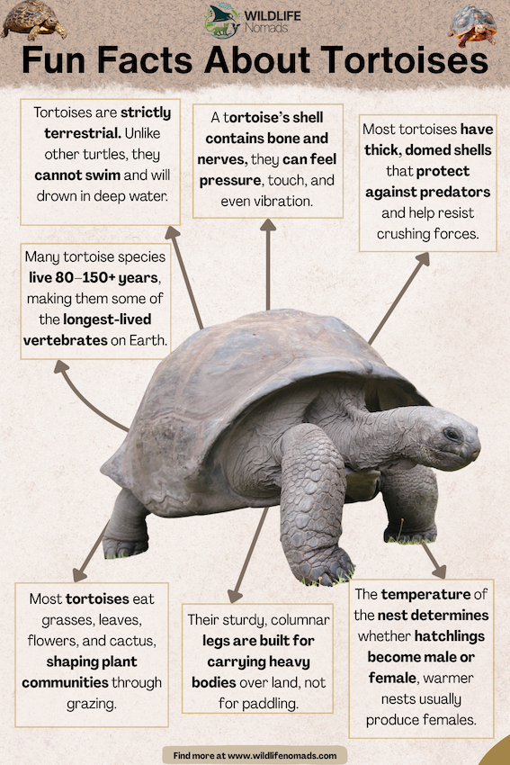Fun Facts About Tortoises infographic showing a giant tortoise in the centre and facts