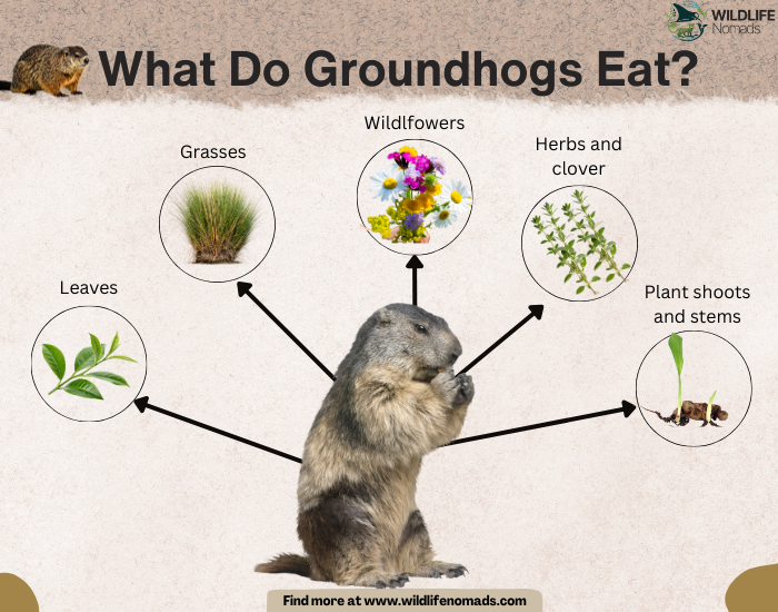 Groundhog-diet.webp infographic showing a groundhog in the centre and diet around it