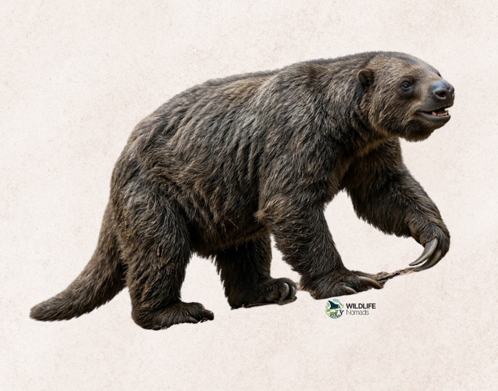 An artist's illustration of Jefferson's ground sloth (Megalonyx jeffersonii) walking on all fours against a plain background.