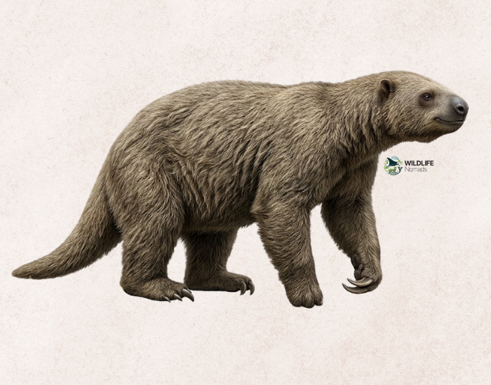 An artist's illustration of a Shasta ground sloth (Nothrotheriops shastensis) featured on a plain background.