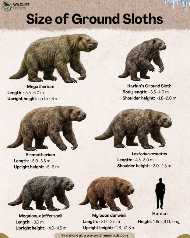 An infographic titled "Size of Ground Sloths" comparing the physical dimensions of six prehistoric sloth species against a human silhouette for scale.