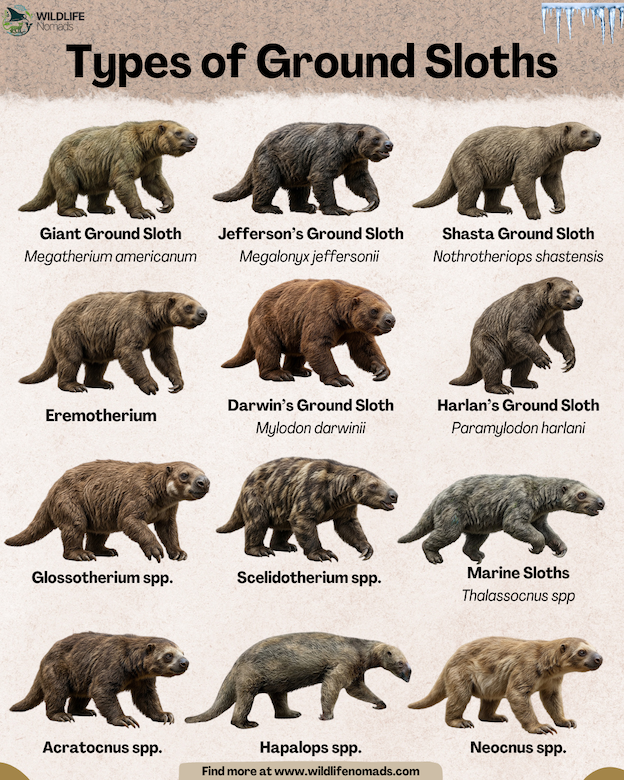 An educational chart titled "Types of Ground Sloths" displaying illustrations and scientific names for twelve prehistoric sloth species.