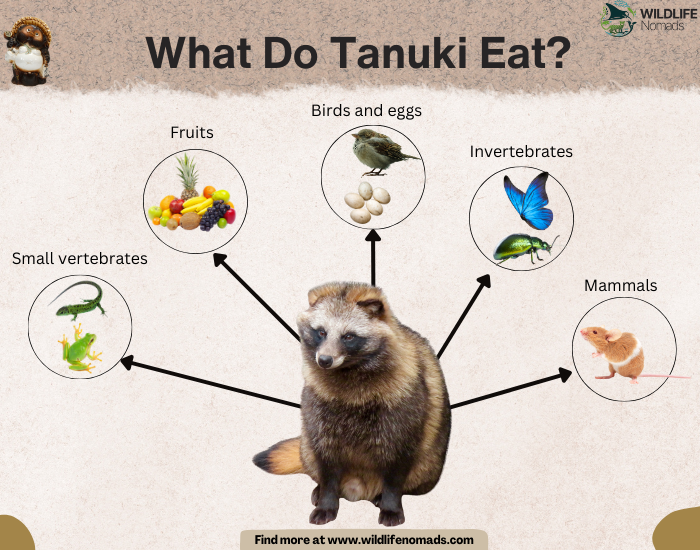 What-Do-Tanuki-Eat.webp infographic showing a tanuki in the centre and their diet surrounding it