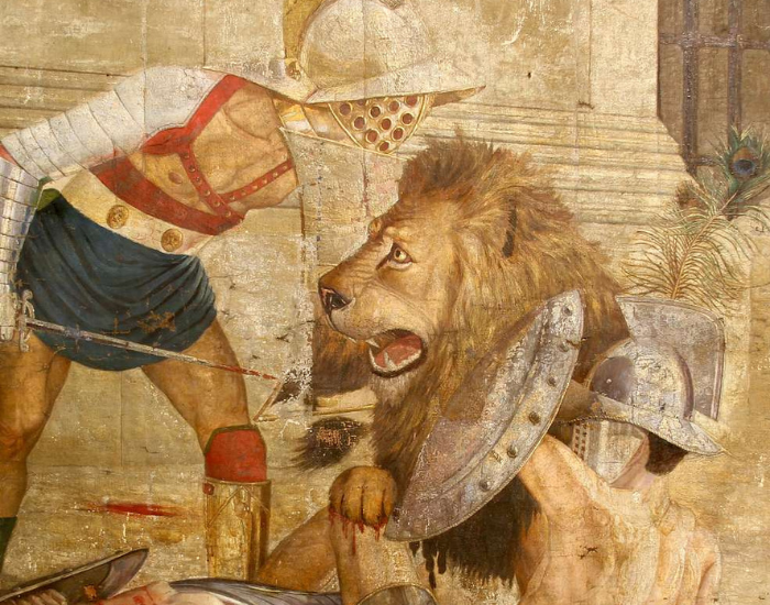 barbarian-lion-painting.webp painting of gladiators with a barbary lion