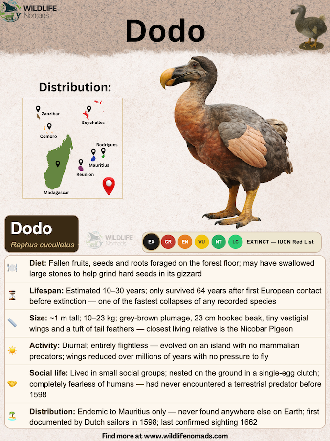 a species profile by wildlife nomads of the dodo birds, showing distribution, diet, and other facts