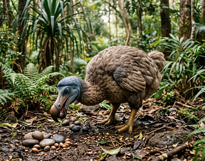 an AI generated image about a dodo bird eating stones