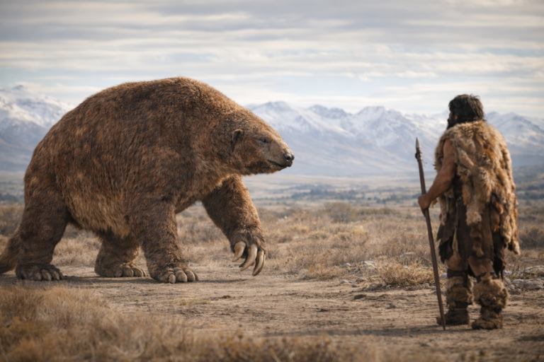 a human in the pleistocene and a ground sloth