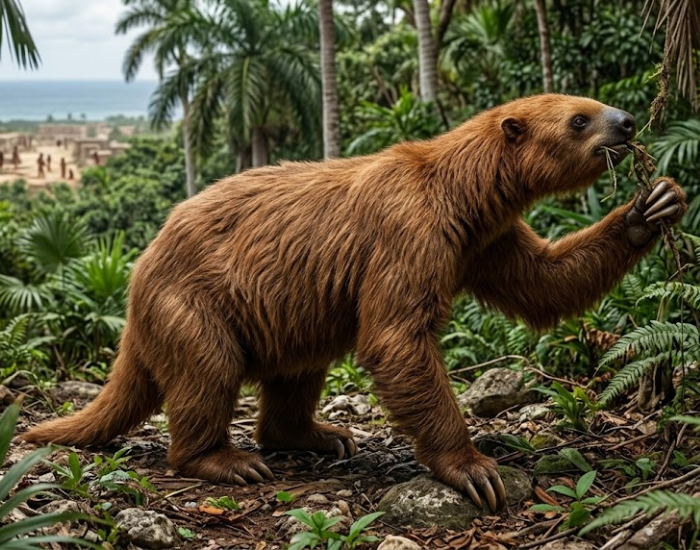 ground-sloth-co-existing-with-humans.webp A digital artwork showing a brown-furred ground sloth foraging foliage in a lush tropical forest, with ancient human structures visible in the distant background.