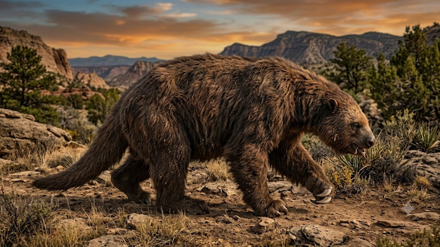 An artist's digital illustration of a thick-furred giant ground sloth walking through a rugged, rocky landscape under a warm sunset sky.