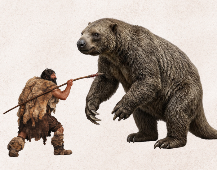 hominid-hunter-vs-giant-sloth.webp An artist's illustration depicting an early human hunter in fur garments confronting a large, quadrupedal giant ground sloth with a spear.