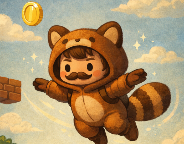 mario-bros-tanooki-suit.webp A man referencing mario bros flying in tanooki suit