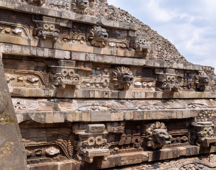 clos eup of the pyramyd of Quetzalcoatl inTeotihuacan