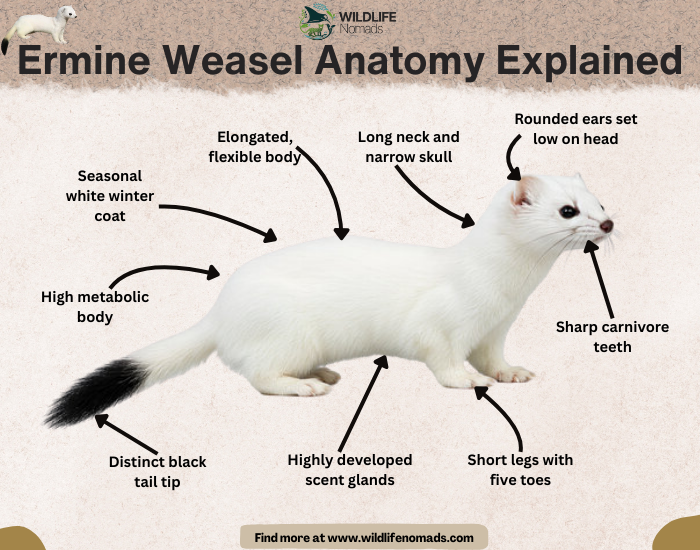 Ermine-Weasel-Anatomy-Explained-by-wildlife-nomads.webp Ermine Weasel Anatomy Explained infographic showing the main characteristics