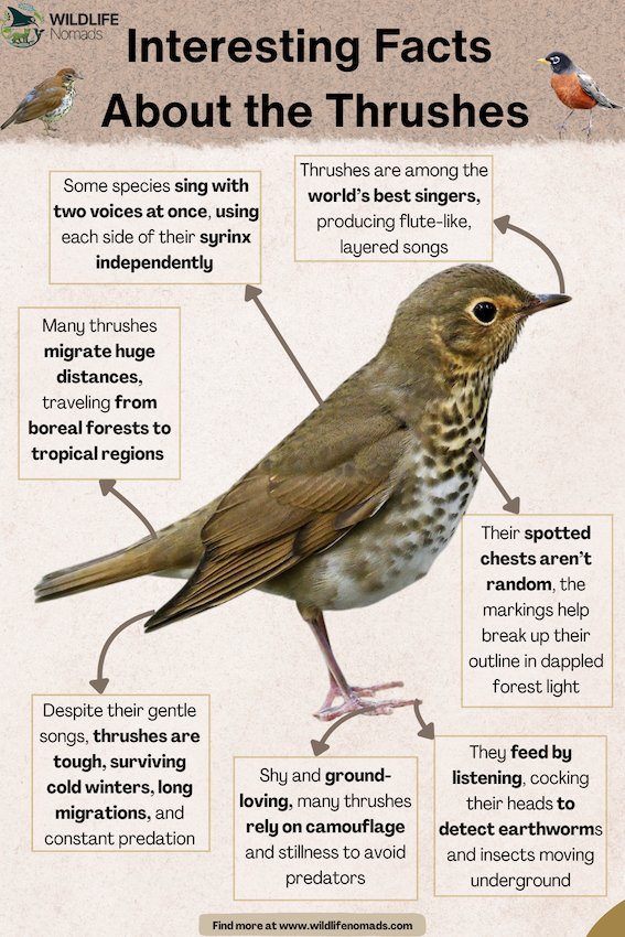 Facts-About-the-Thrushes-by-wildlife-nomads.webp infographic showing a trush and facts around it