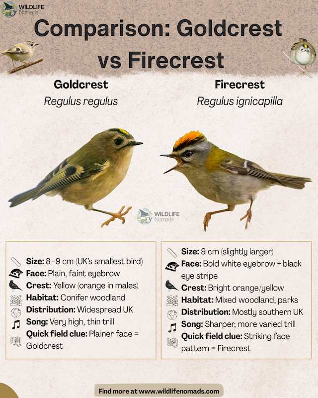 Goldcrest vs Firecrest infographic showing id and characteristics