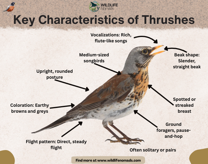 How-to-identify-thrushes-key-characteristics.webp infographic with a thrush photo in the centre and text describing main characteristics