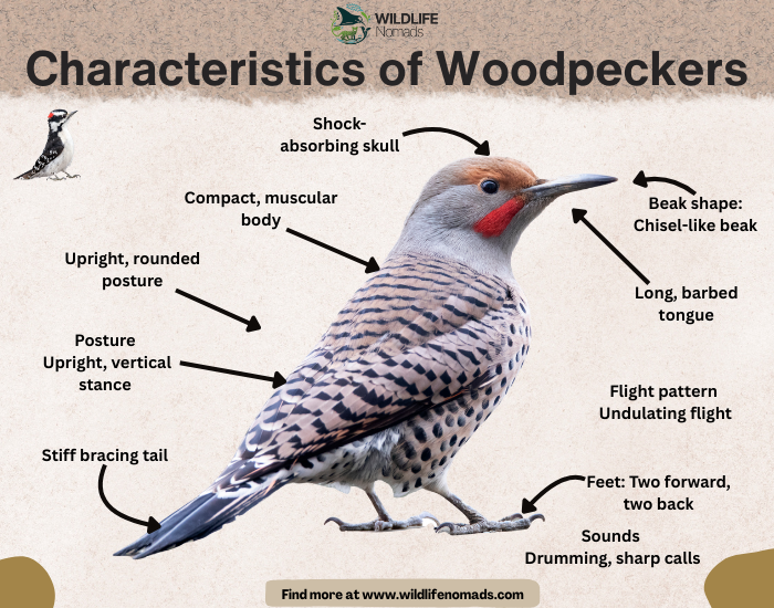 How-to-identify-woodpeckers-key-characteristics.webp Characteristics of Woodpeckers infogrpahic showing main anatomical feautres