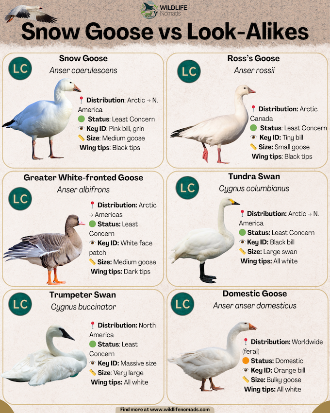Snow-Goose-vs-Similar-Species-by-wildlife-Nomads.webp Snow Goose vs Look-Alikes infographic showing 2