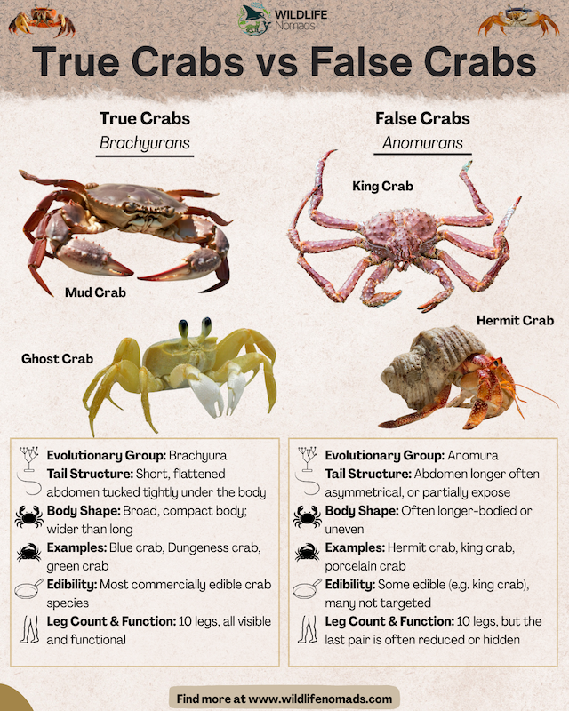 True-Crabs-vs-False-Crabs-infographic-by-wildlife-nomads.webp infographic showing True Crabs vs False Crabs infographic comparison