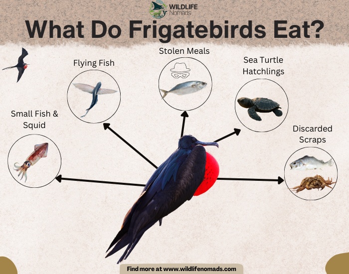 What-Do-Frigatebirds-Eat.webp infographic showing frigate bird and 5 main food sources