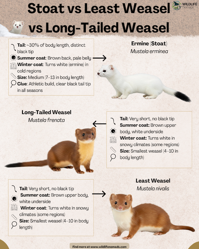 ermine-weasel-Stoat-vs-Least-Weasel-vs-Long-Tailed-Weasel.webp Stoat vs Least Weasel vs Long-Tailed Weasel infographic