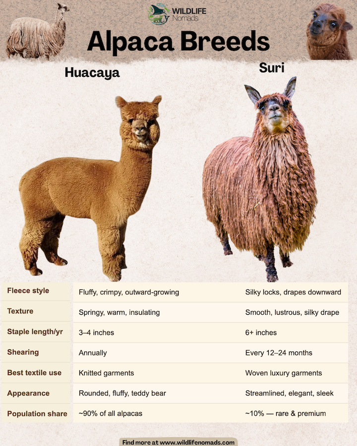 infographic showing the two alpaca breed and main characteristics written down