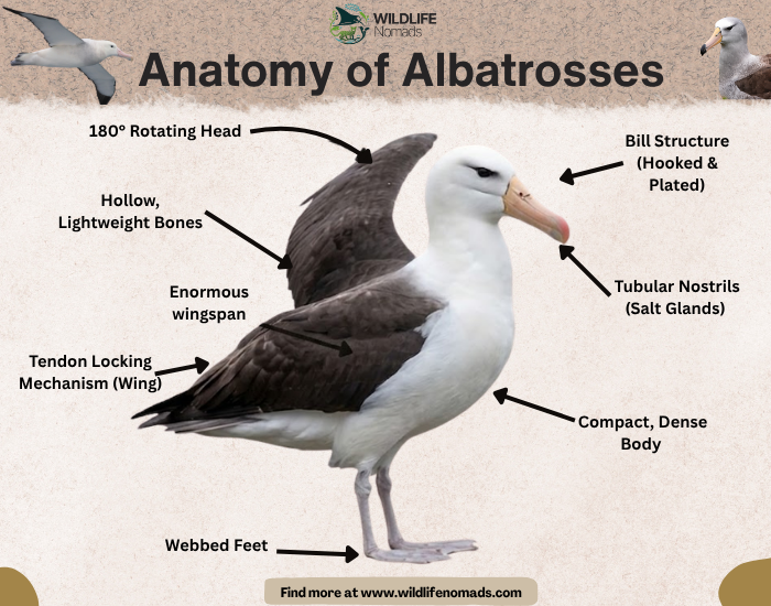 Anatomy-and-Physiology-of-albatros.webp infographic showing the main characteristics of an albatros
