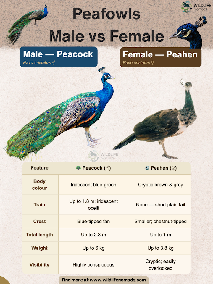 Peafowls-Male-vs-Female-differencesinfographic.webp infographic showing male vs female peafowls