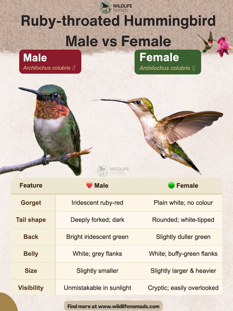 Ruby-red-throated-Hummingbird-Male-vs-Female-infographic.webp Side-by-side comparison infographic of male and female Ruby-throated Hummingbirds showing differences in gorget colour, tail shape, back colour, belly, size, and visibility, with photos of both birds.