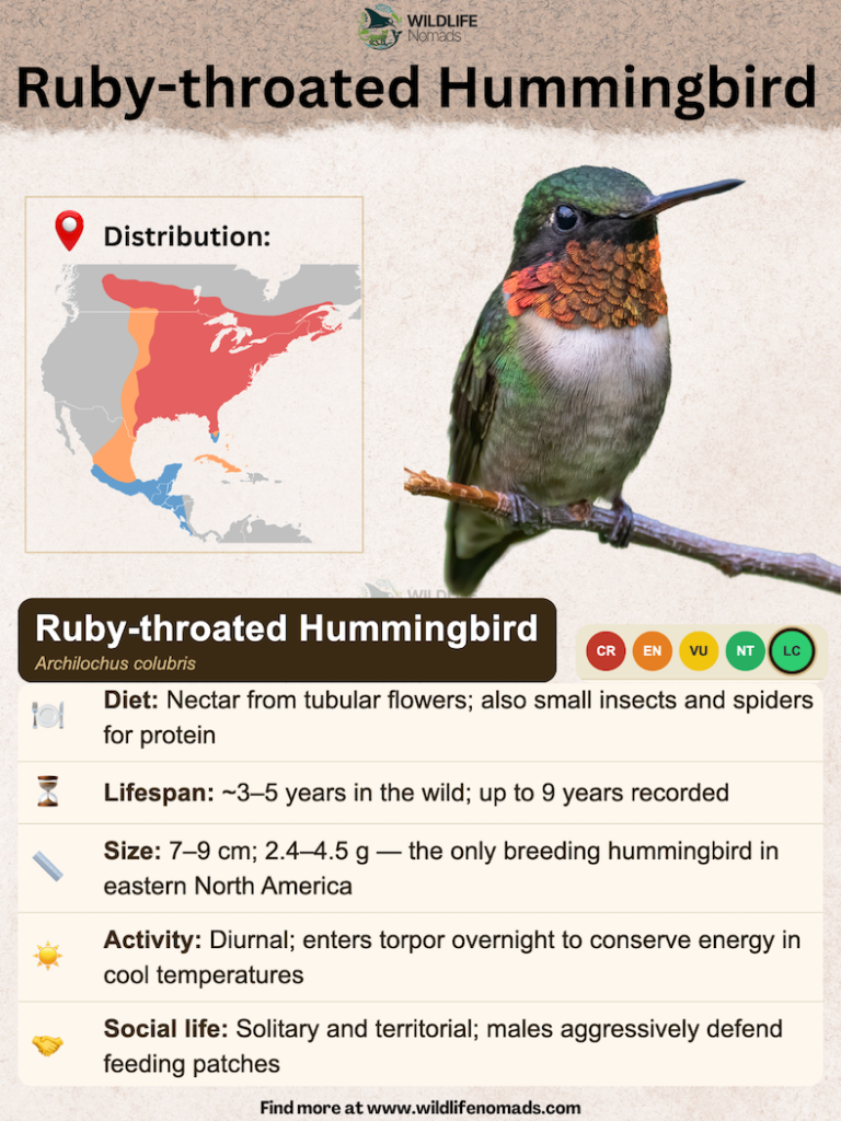 Ruby-throated-Hummingbird-animal-profile.webp Animal profile infographic for the Ruby-throated Hummingbird covering its diet, lifespan of 3–5 years, size of 7–9 cm, diurnal activity pattern, solitary social behaviour, and a North American distribution map.