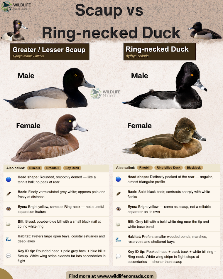 Scaup-vs-Ring-necked-Duck-Key-Differences.webp Scaup vs Ring-necked Duck infographic showing a comparison between the 2