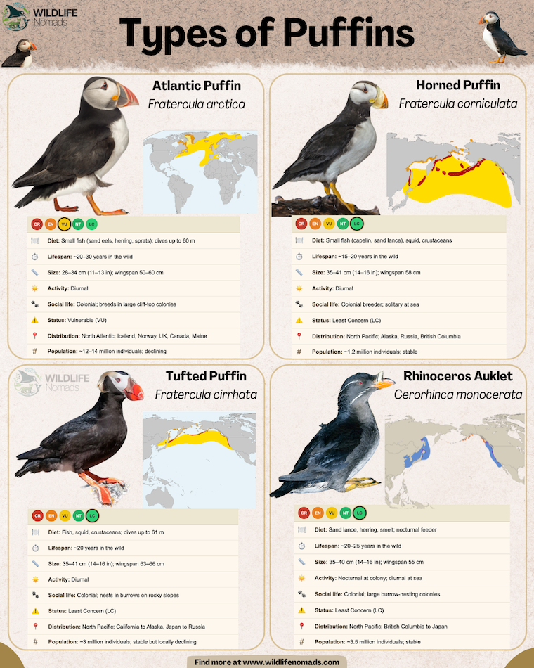 Types-species-of-Puffins-by-wildlife-nomads.webp infographic showing the 4 puffin species with relevant info like diet, distirbution