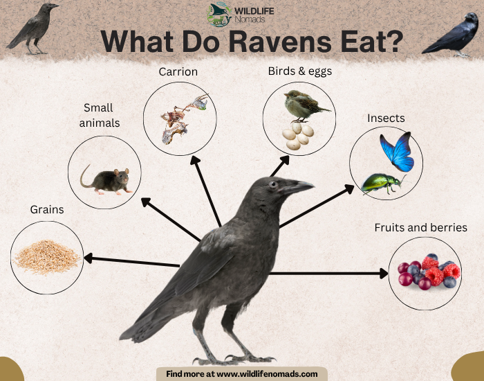 What Do Ravens Eat? infographic showing food sources