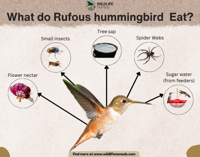 What-do-Rufous-hummingbird-Eat-diet-by-wildlife-nomads.webp Rufous Hummingbird infographic showing main food sources