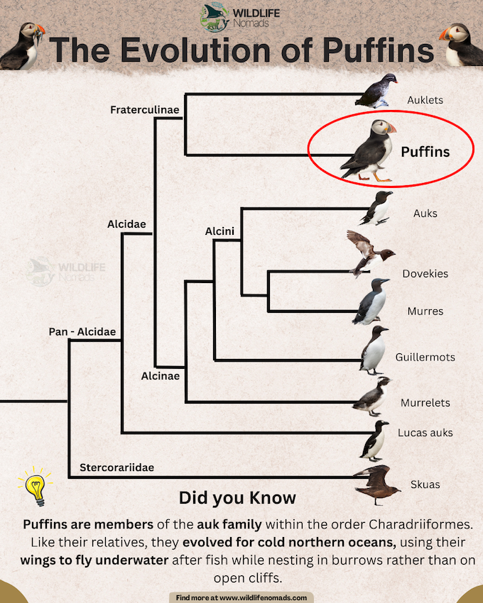 evolution-tree-taxonomy-of-puffins-by-wildlife-nomads.webp The Evolution of Puffins infographic shwing taxonomy