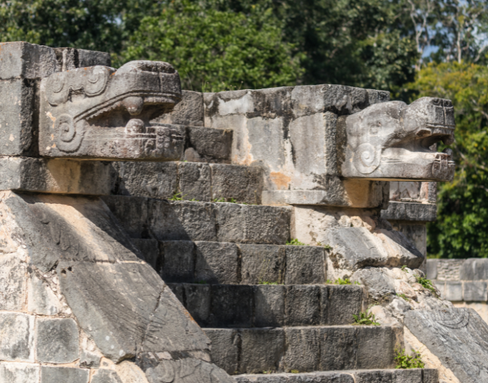 mayan jaguar head carving in mayan temple
