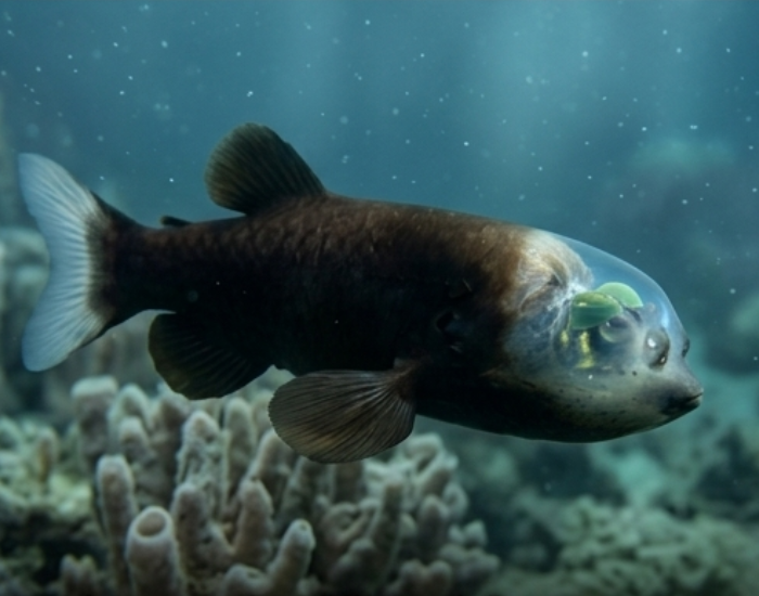 Barreleye-fish-among-sponges.webp barreleyefish suspended in water near a coral