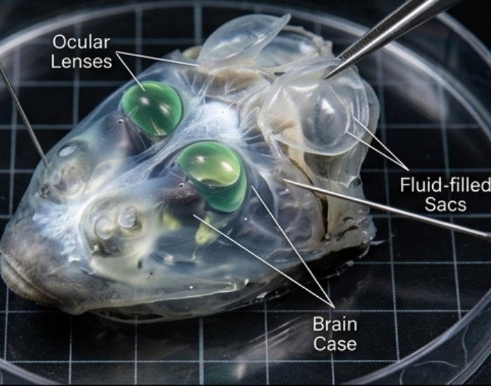 Barreleye-fish-ascending-head-close-up.webp Laboratory dissection detail of a barreleye fish