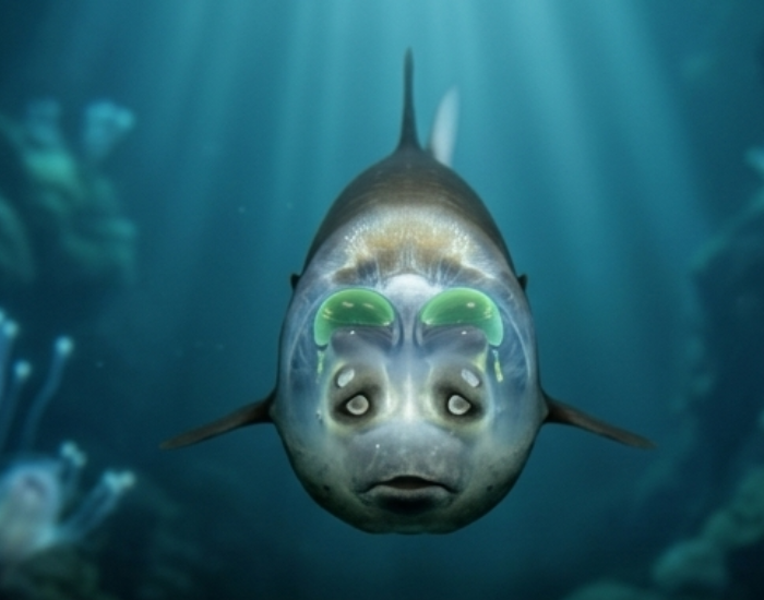 Barreleye-fish-frontal-view.webp frontal view of a barreleye fish in the ocean