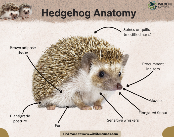 Hedgehog-Anatomy.webp Hedgehog Anatomy infographic indicating with arrows main characteristics such as nostrils and modified haris