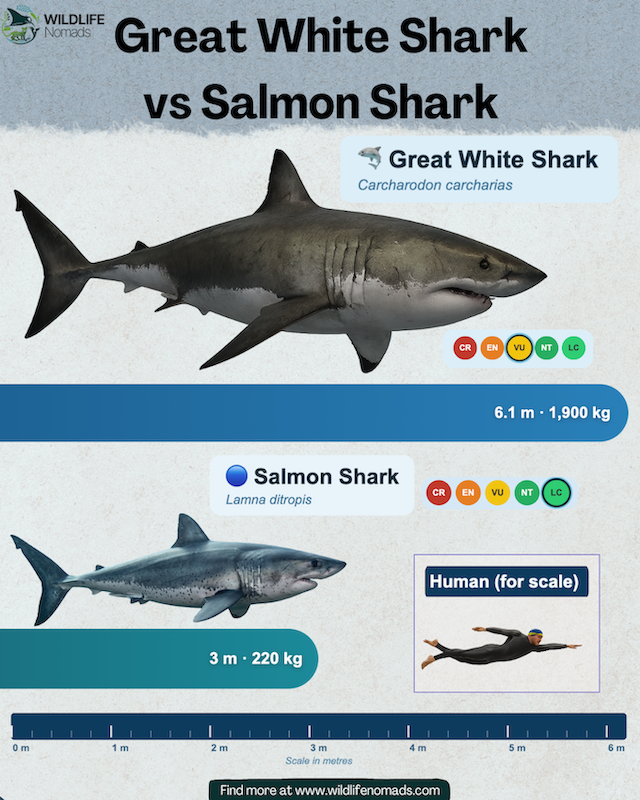 SALMON-SHARK-VS-GREAT-WHITE-SHARK.webp Great White Shark vs Salmon Shark infographic comparing size in metres