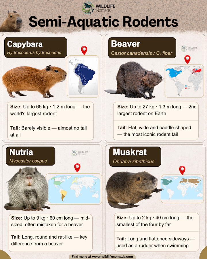 infographic of four Semi-Aquatic Rodents including a capybara, a beaver, a muskrat and a nutria